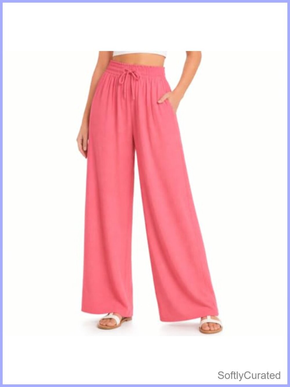 Women's Linen Wide Leg Palazzo Pants Flowy Beach Trousers with Pockets